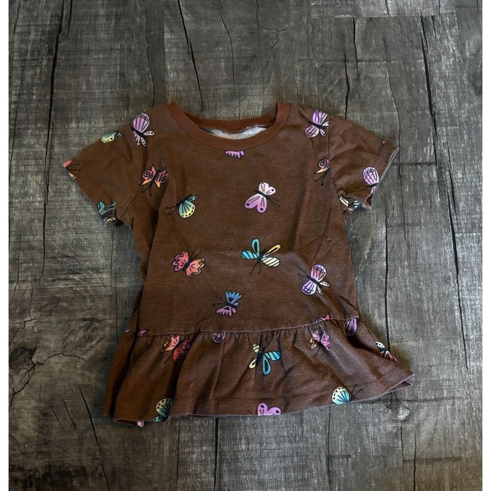 Okie Dokie Girls 24M Brown Butterfly Print Peplum Top Short Sleeve